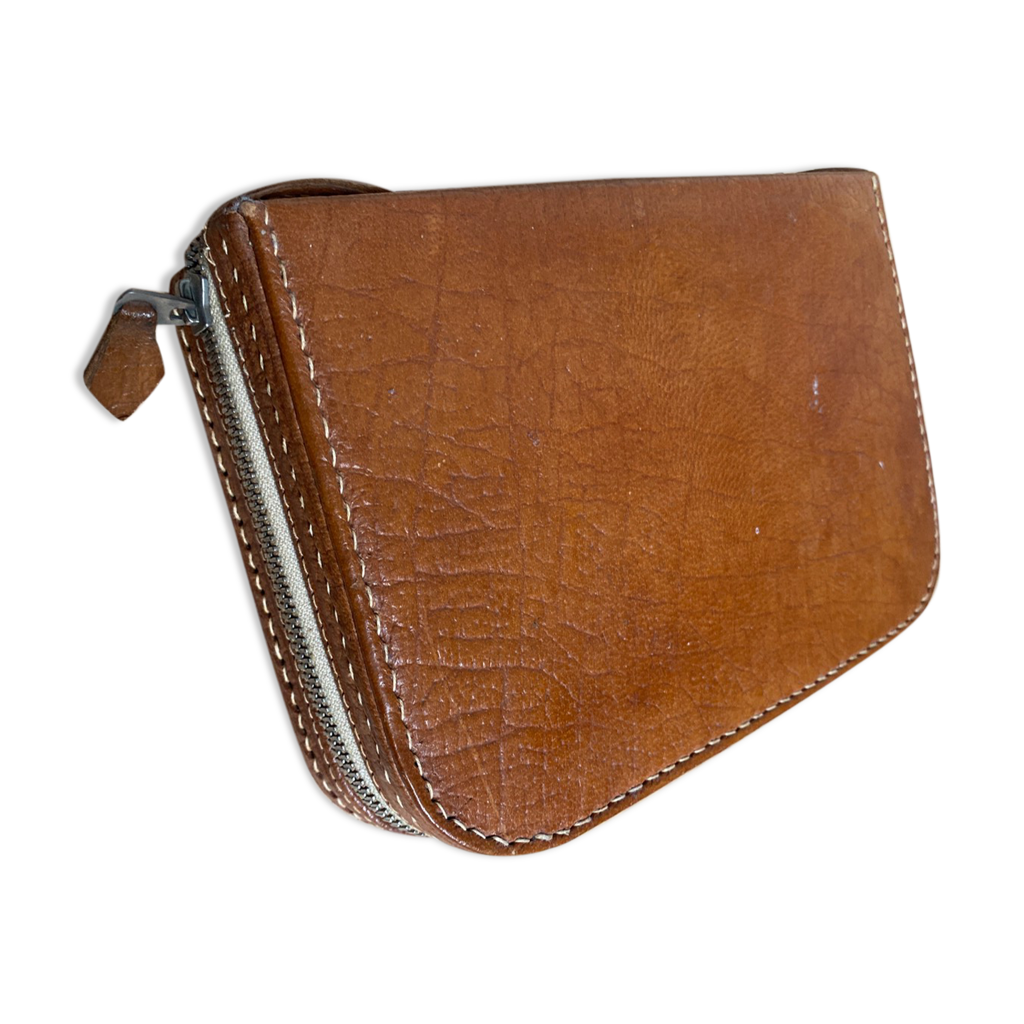 Trousse De Toilette Vintage Ancienne - Faux Cuir Marron, Miroir, Fermeture éclair, Occasion "dans Son Jus"