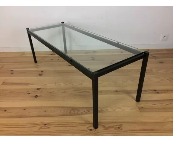 Modernist coffee table 50s black metal and glass