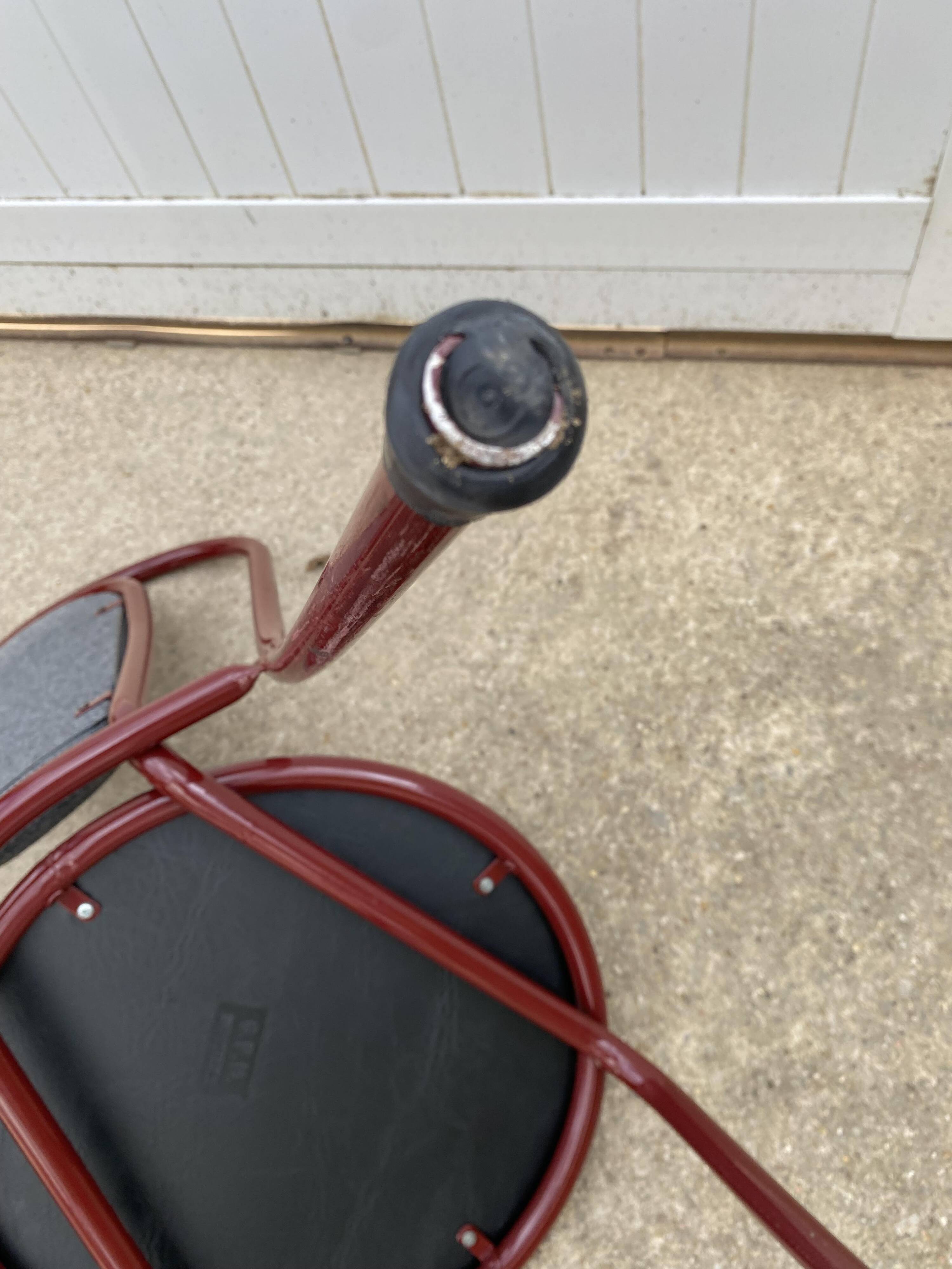 Metallic burgundy bistro chair for restaurants and communities with gray fabric