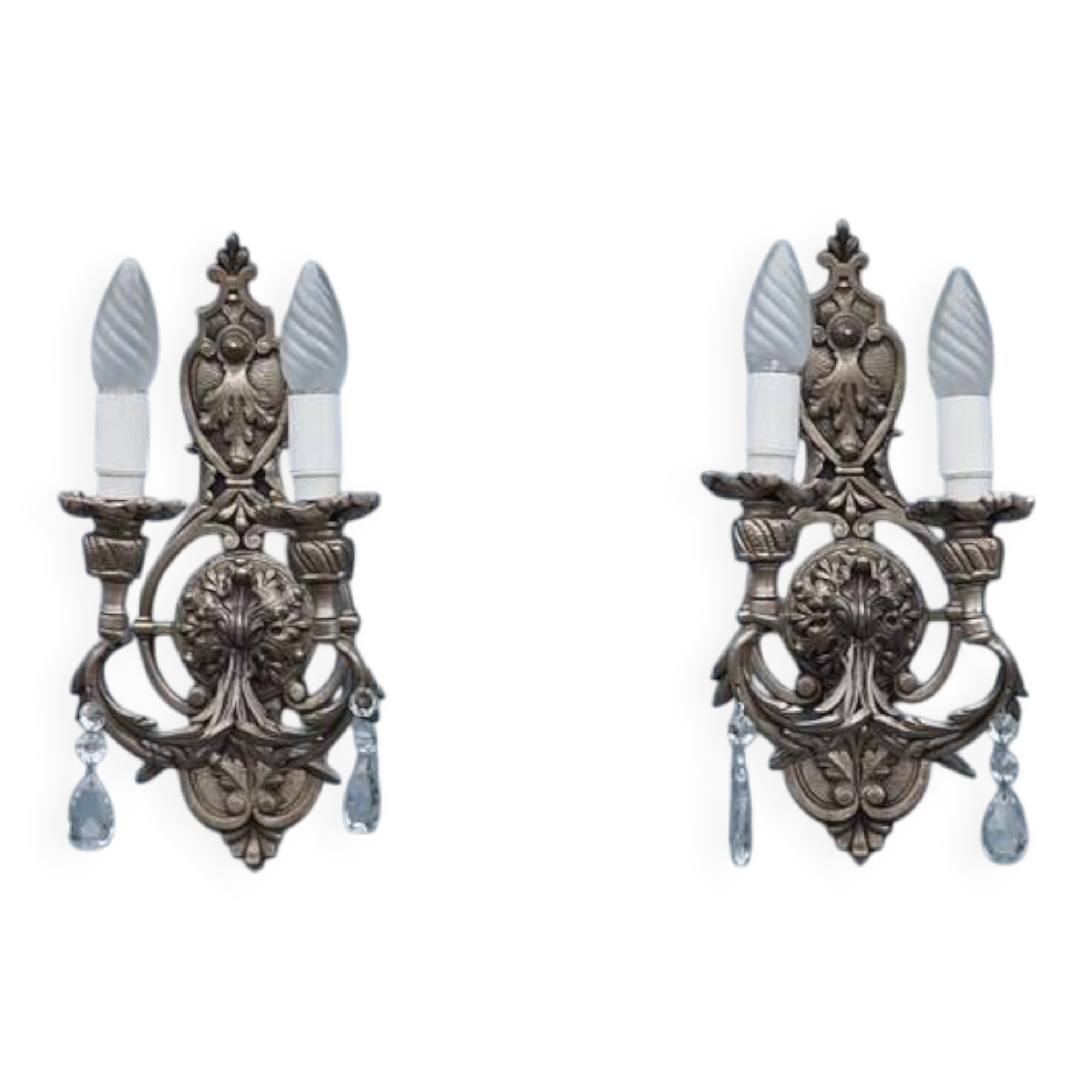 Italian Hollywood Regency Crystal Wall Lights – Silvered Metal Double Arm Light