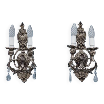 Appliques en cristal Hollywood Regency italienne – Lumière à double bras en métal argenté
