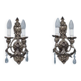 Italian Hollywood Regency Crystal Wall Lights – Silvered Metal Double Arm Light
