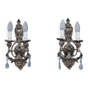 Appliques en cristal Hollywood Regency italienne – Lumière à double bras en métal argenté