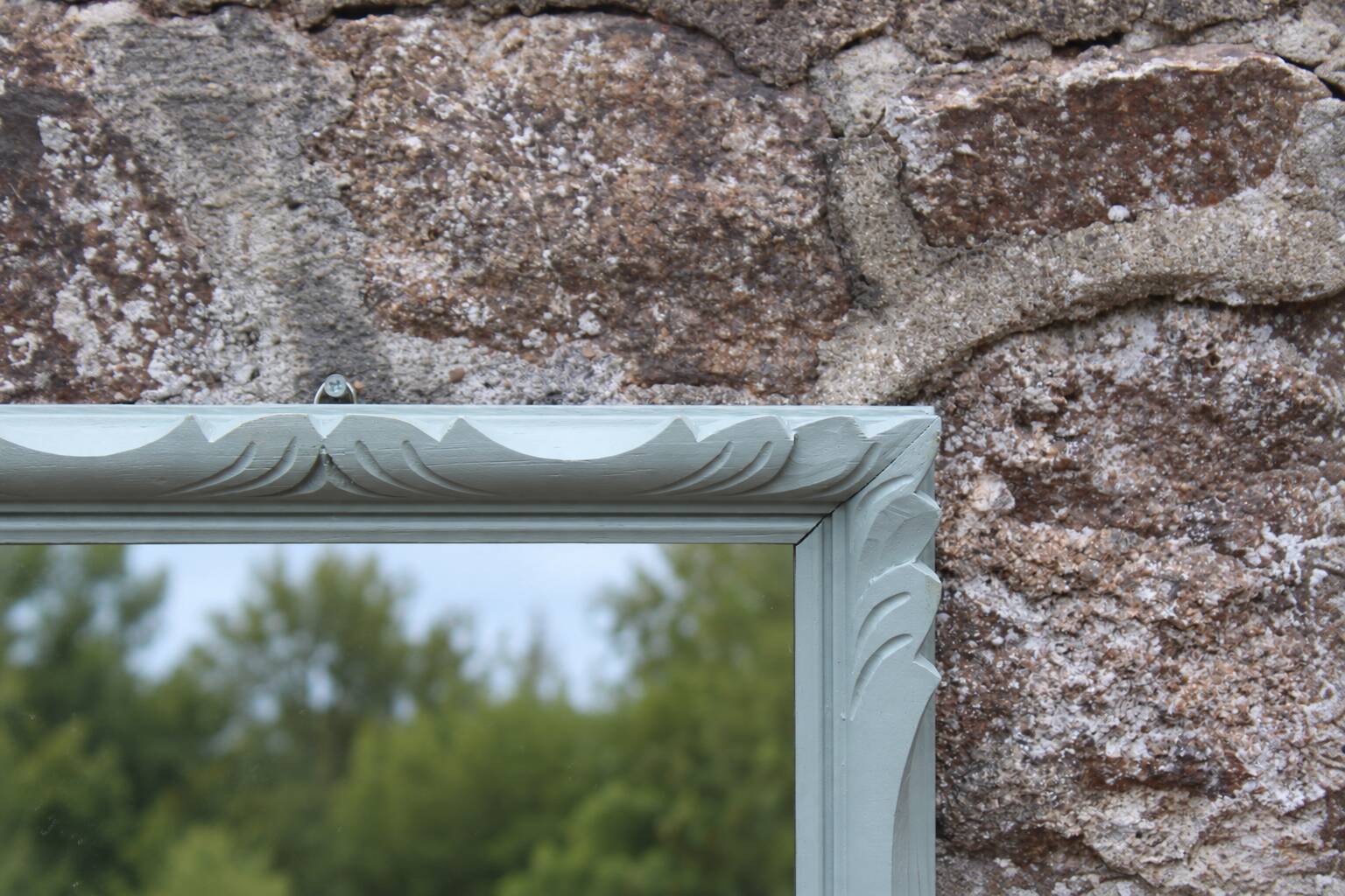 Vintage wall mirror in carved blue-green wood – rococo style – H48 cm