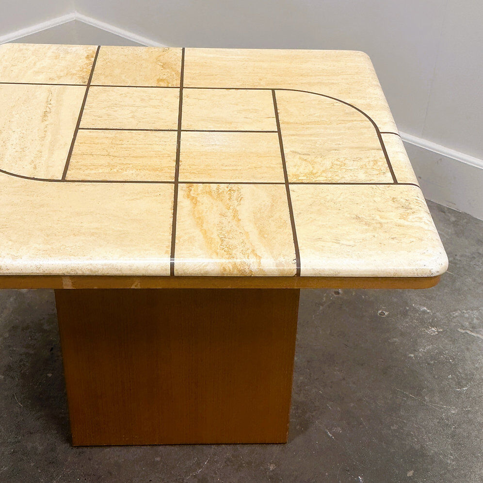 Graphic travertine tile coffee table on oak base, 1970s