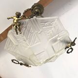 Art Deco Chandelier/Ceiling Light/Cast Glass Pyramid Shape & Angelo Frame