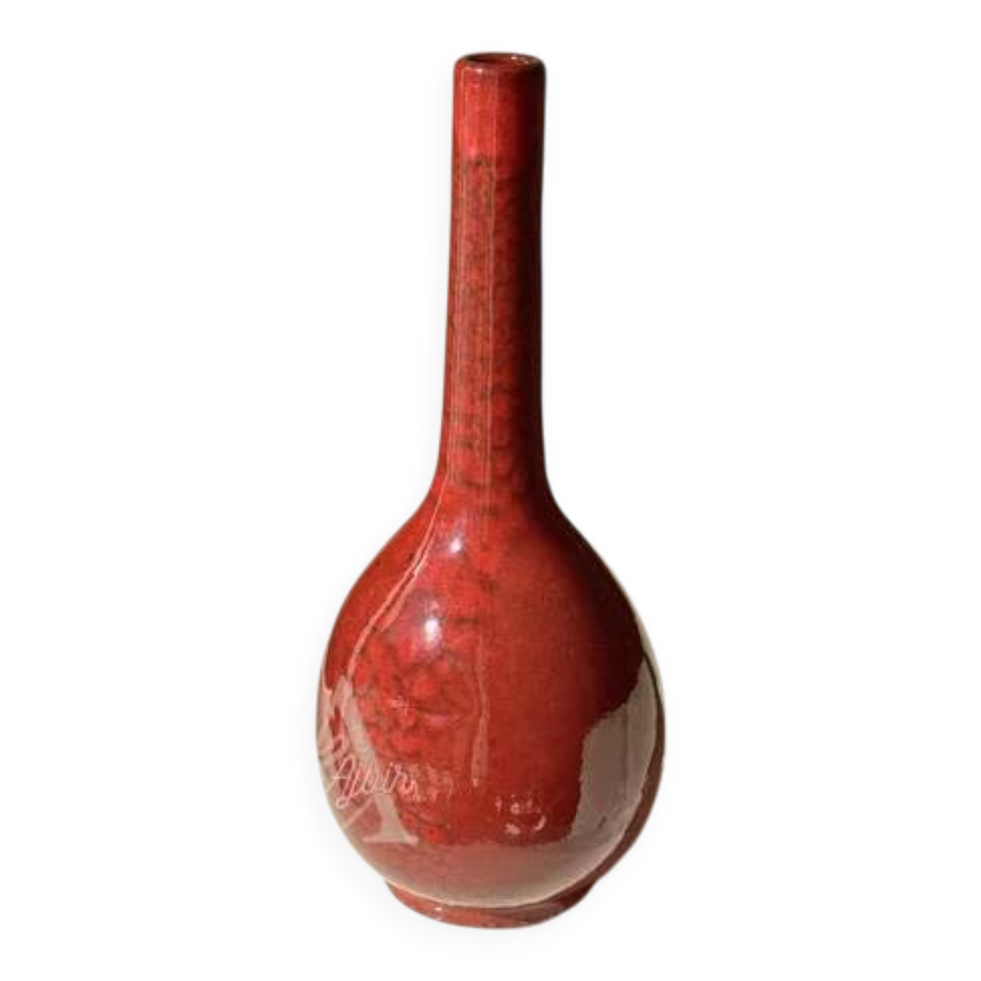 Handcrafted curved bottle vase in Bordeaux.