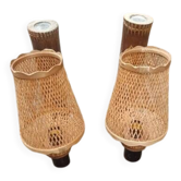 Paire d'appliques cannage vintage bambou années 60