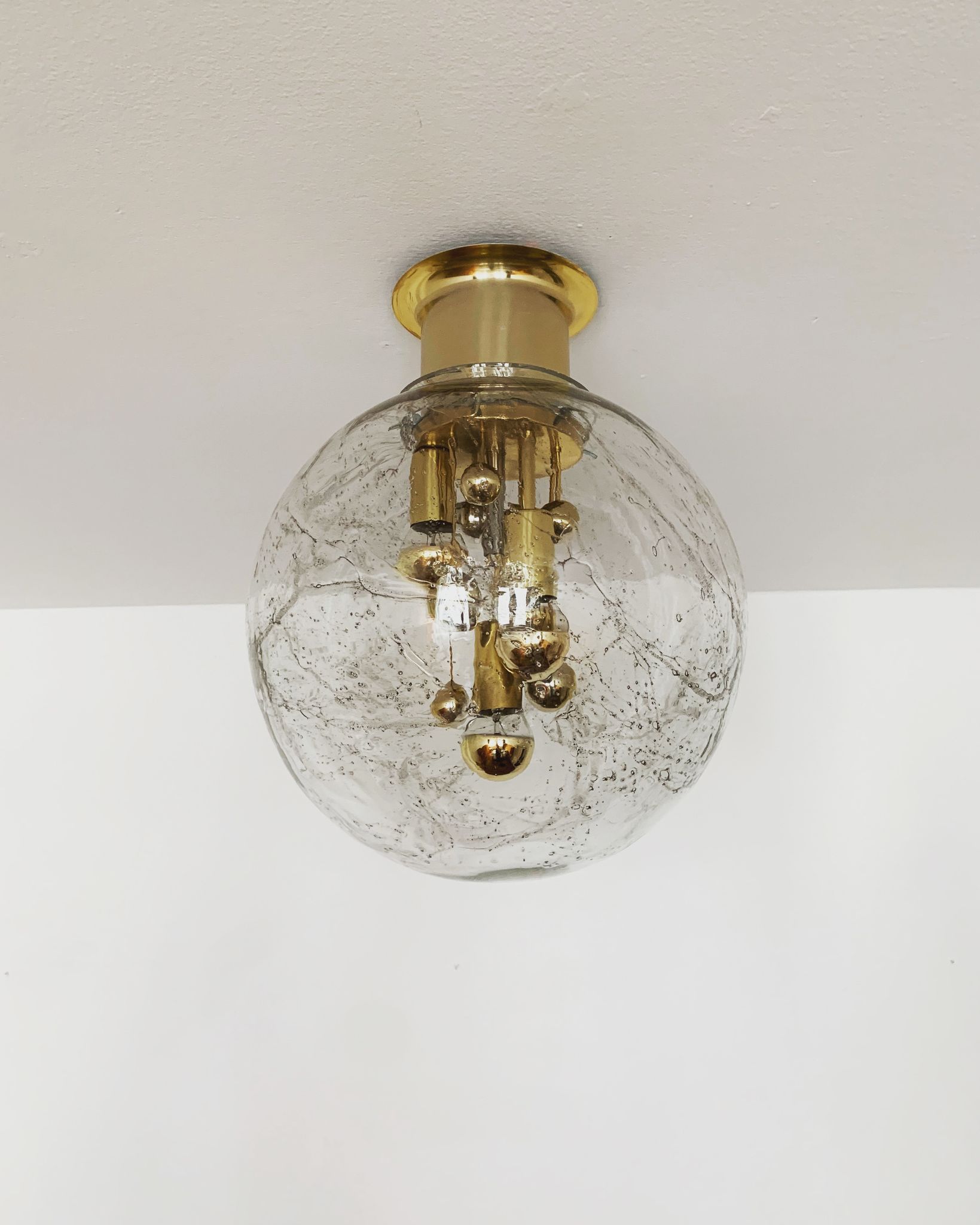 Golden mid-century ice glass ceiling lamp by Doria