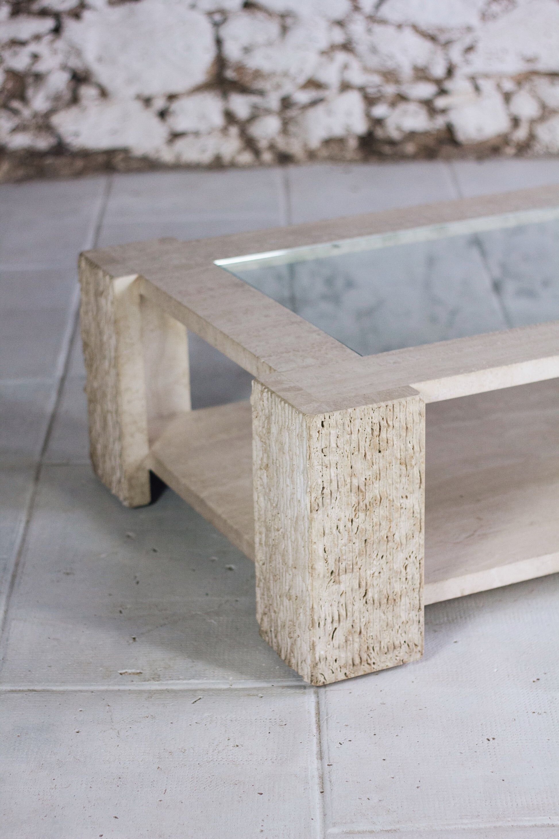 Coffee table in travertine and glass by Claude Berraldacci