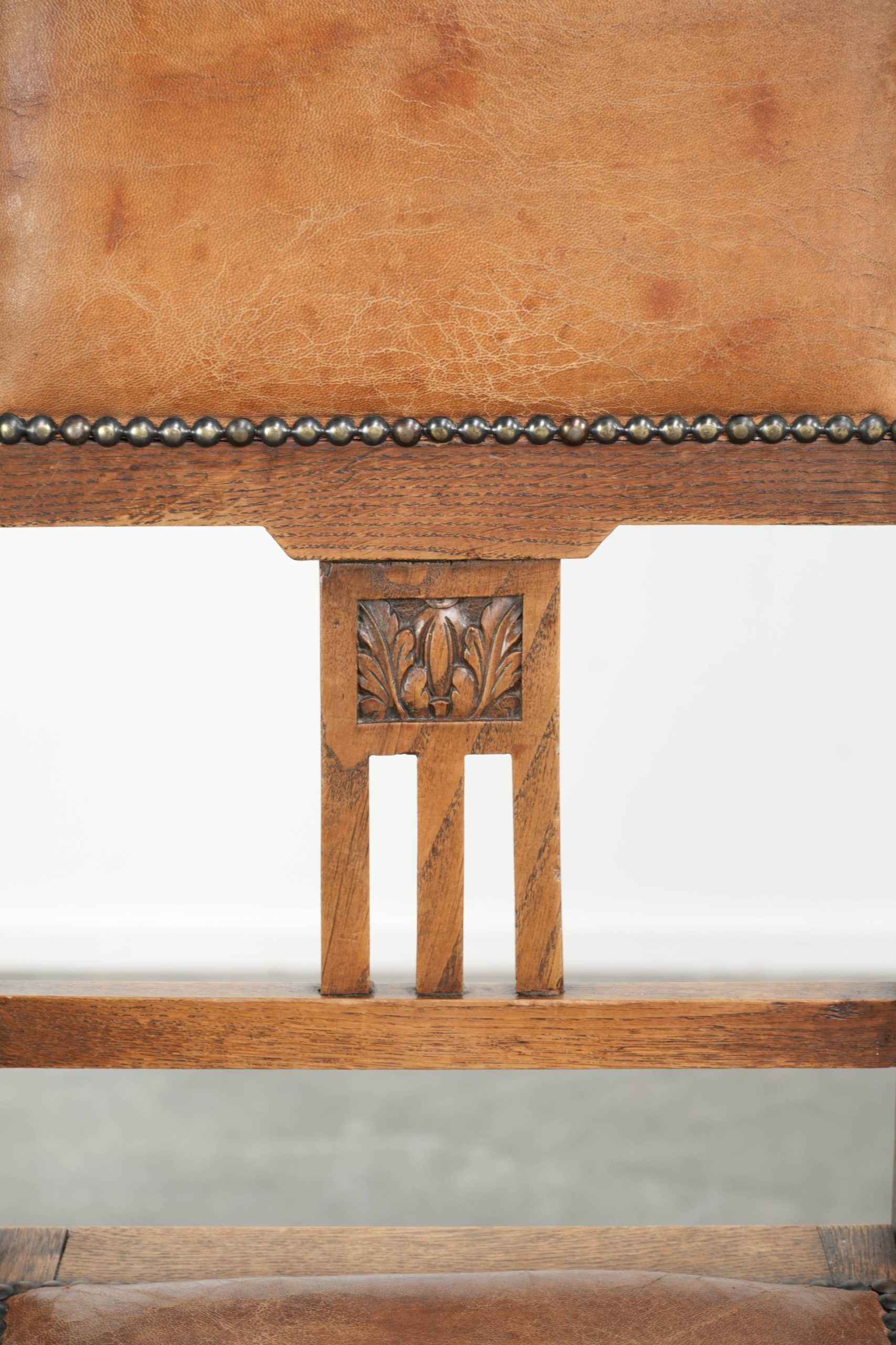 Set of 4 antique oak dining chairs in Art Nouveau style with sheepskin
