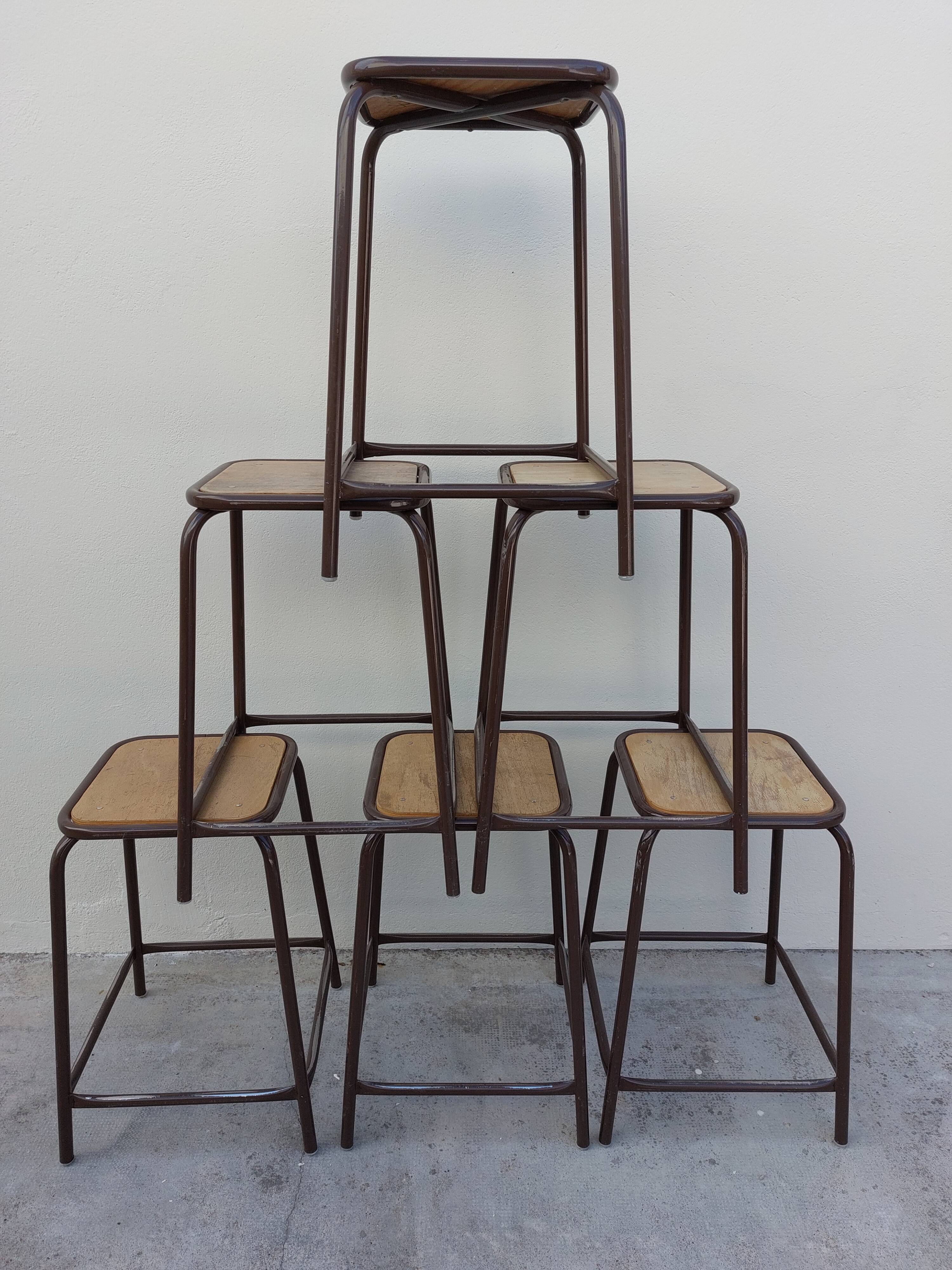 Series of 6 old workshop iron stools 1980