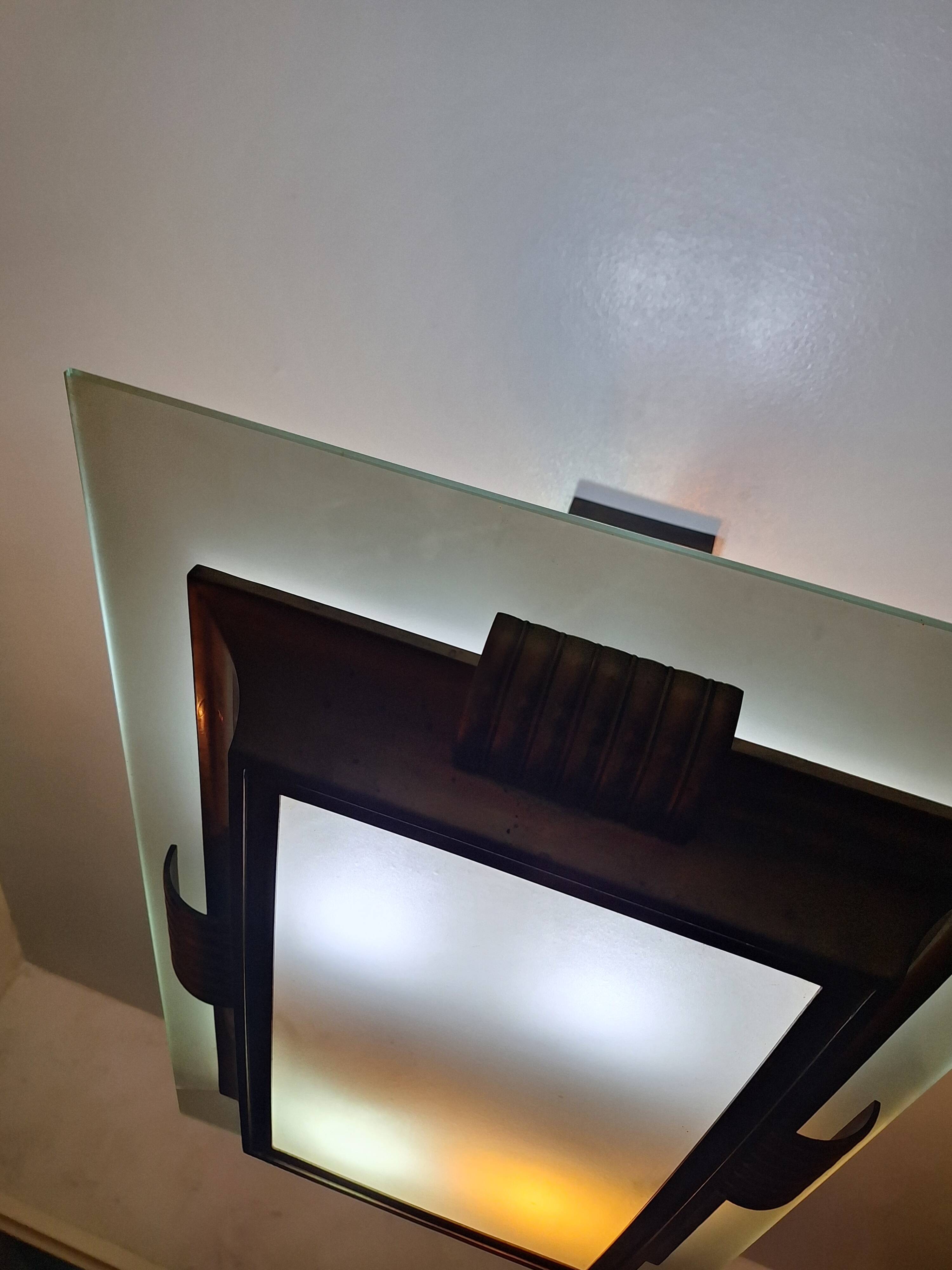 Brass and rectangular glass chandelier, 1940s vintage.