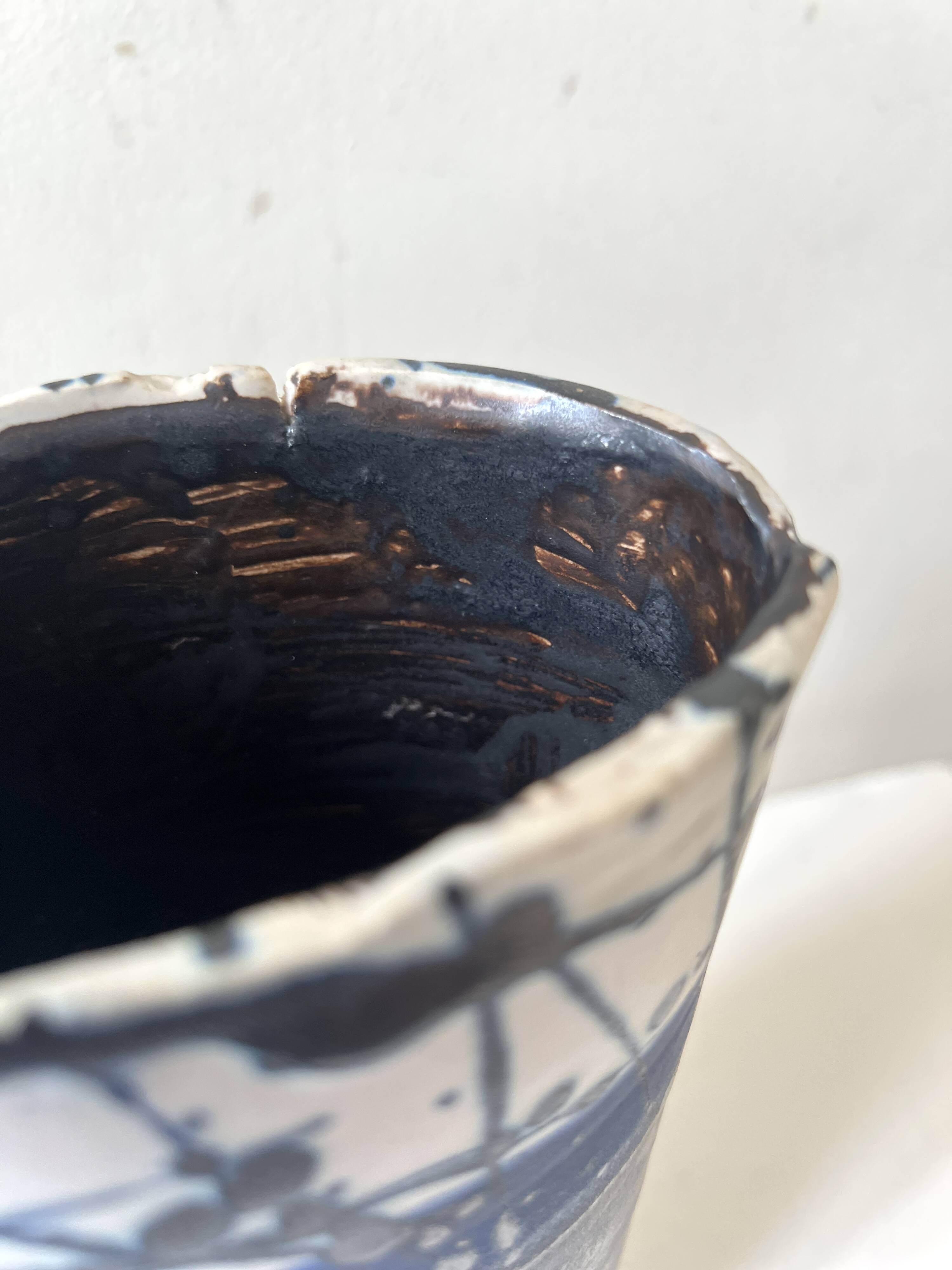 Japandi vase in abstract blue and black white clay.