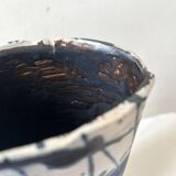 Japandi vase in abstract blue and black white clay.