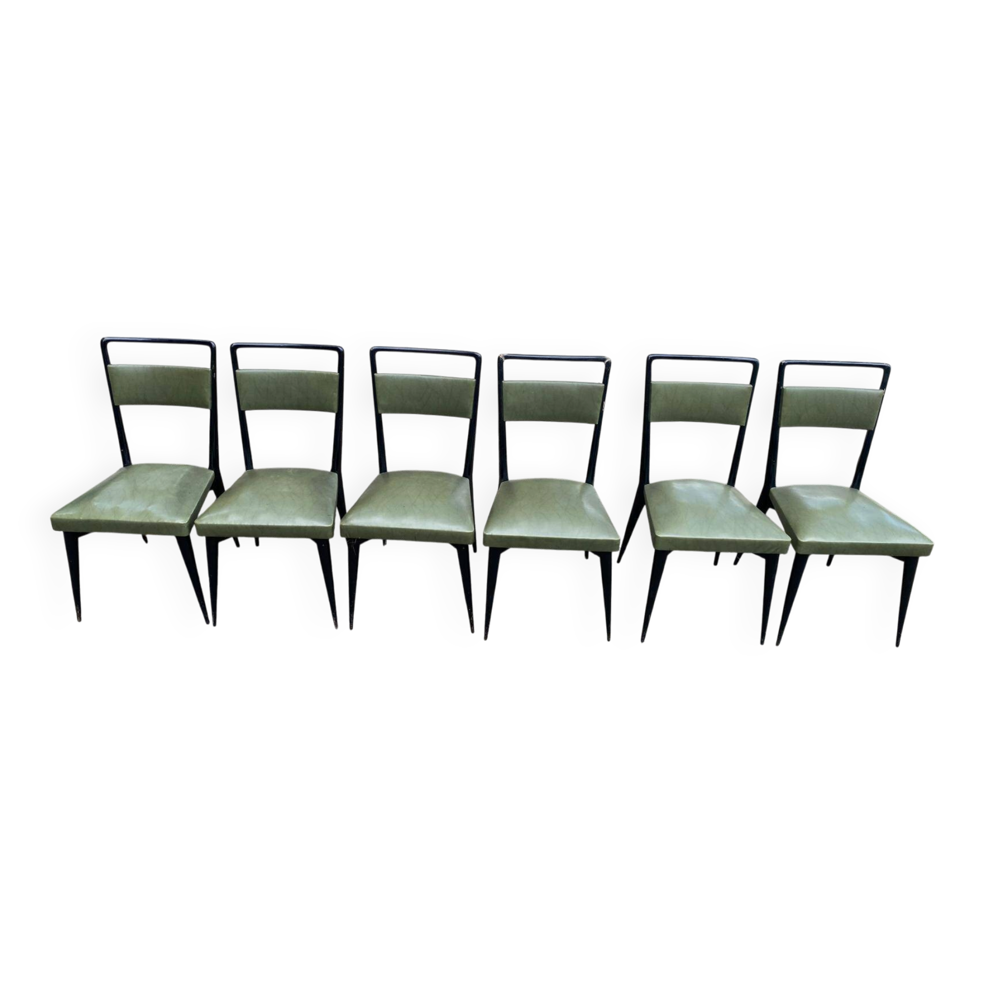 6 Italian design dining chairs in Scandinavian style with wood and olive green leather.