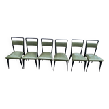 6 Italian design dining chairs in Scandinavian style with wood and olive green leather.
