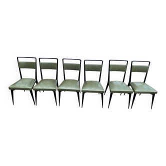 6 Italian design dining chairs in Scandinavian style with wood and olive green leather.