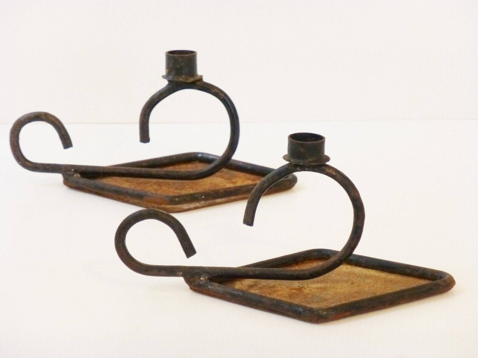 Pair of vintage 1950s metal candlesticks, French steel.