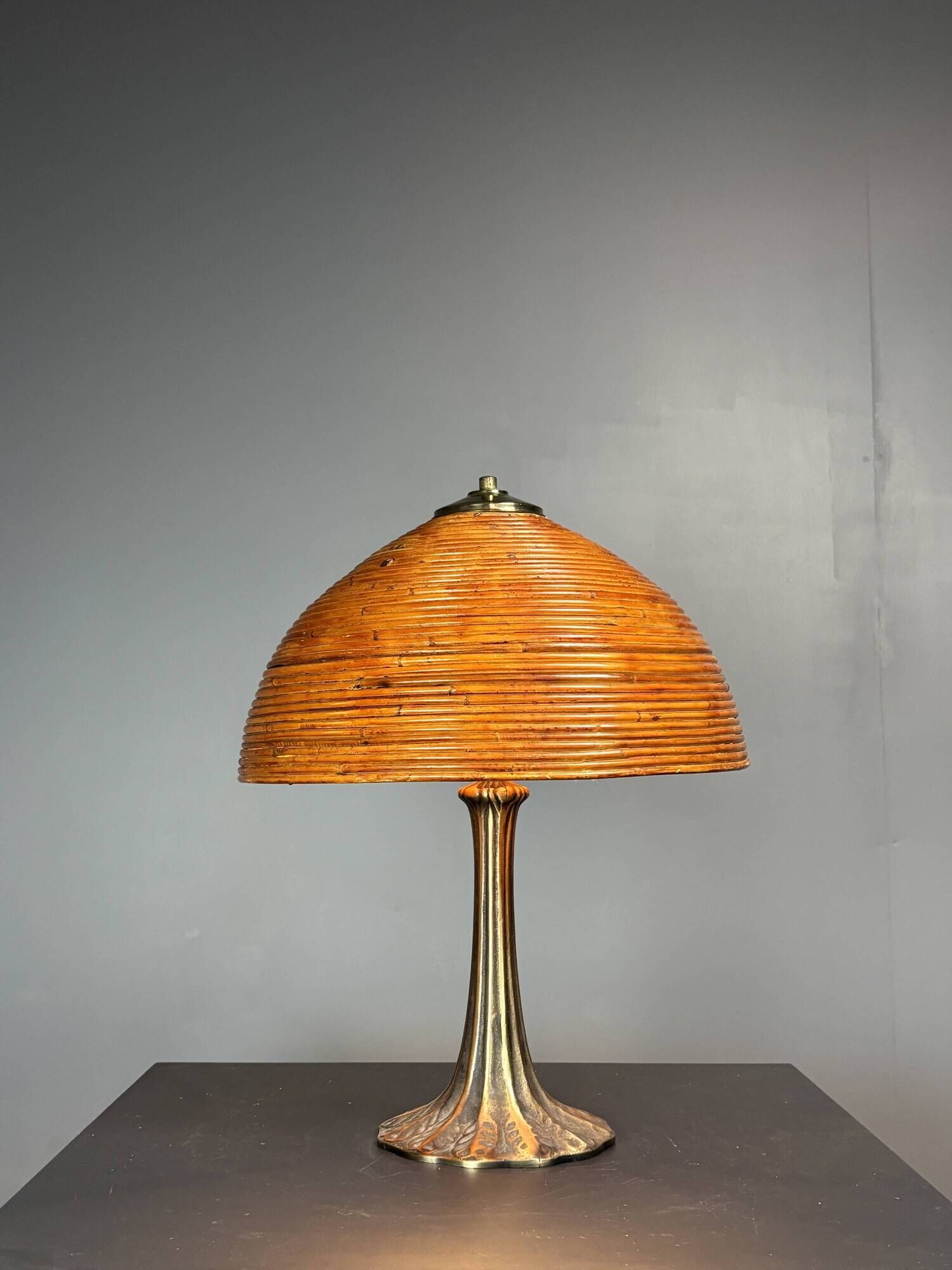 Midcentury mushroom pencil reed rattan bamboo and brass table lamp, 1970s