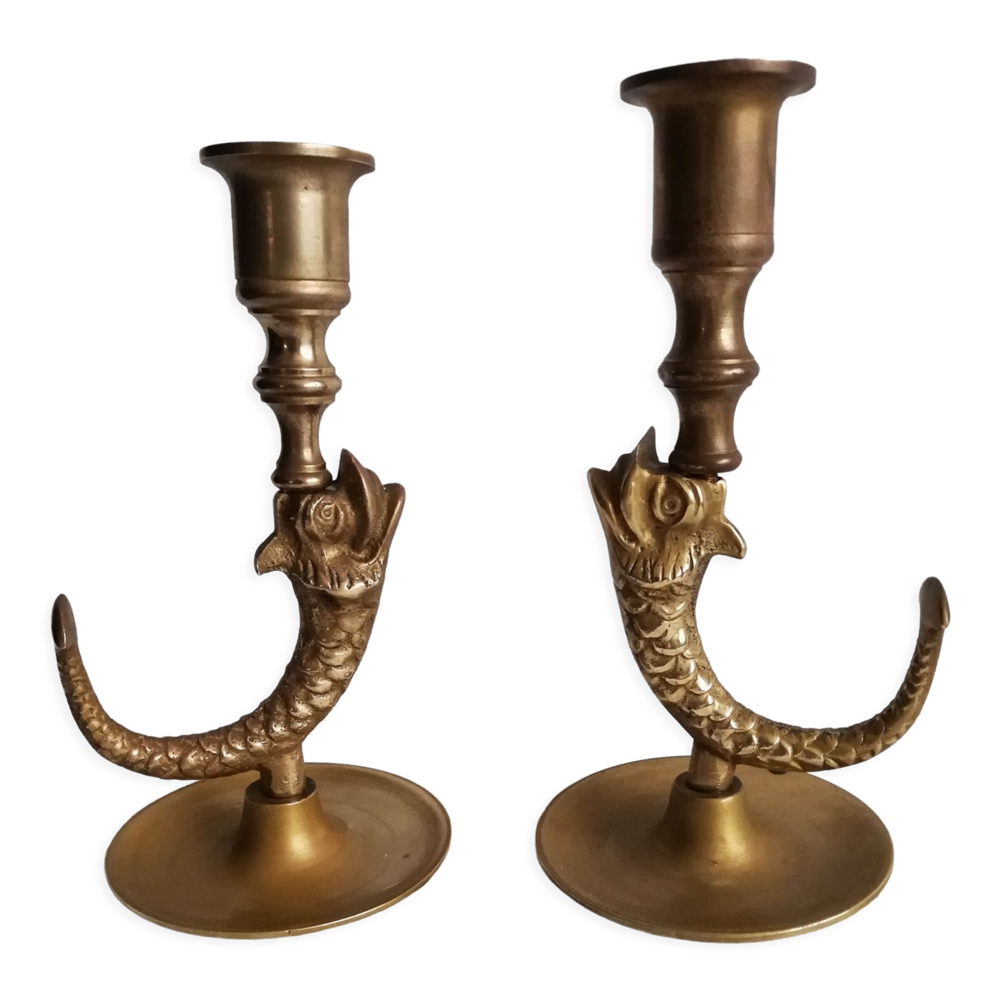 Duo brass fish candlesticks