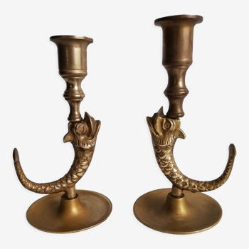 Duo brass fish candlesticks