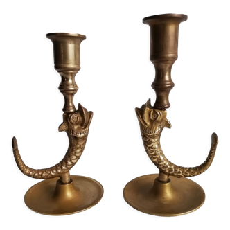 Duo brass fish candlesticks