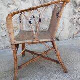 Armchair in wicker rattan and scoubidou