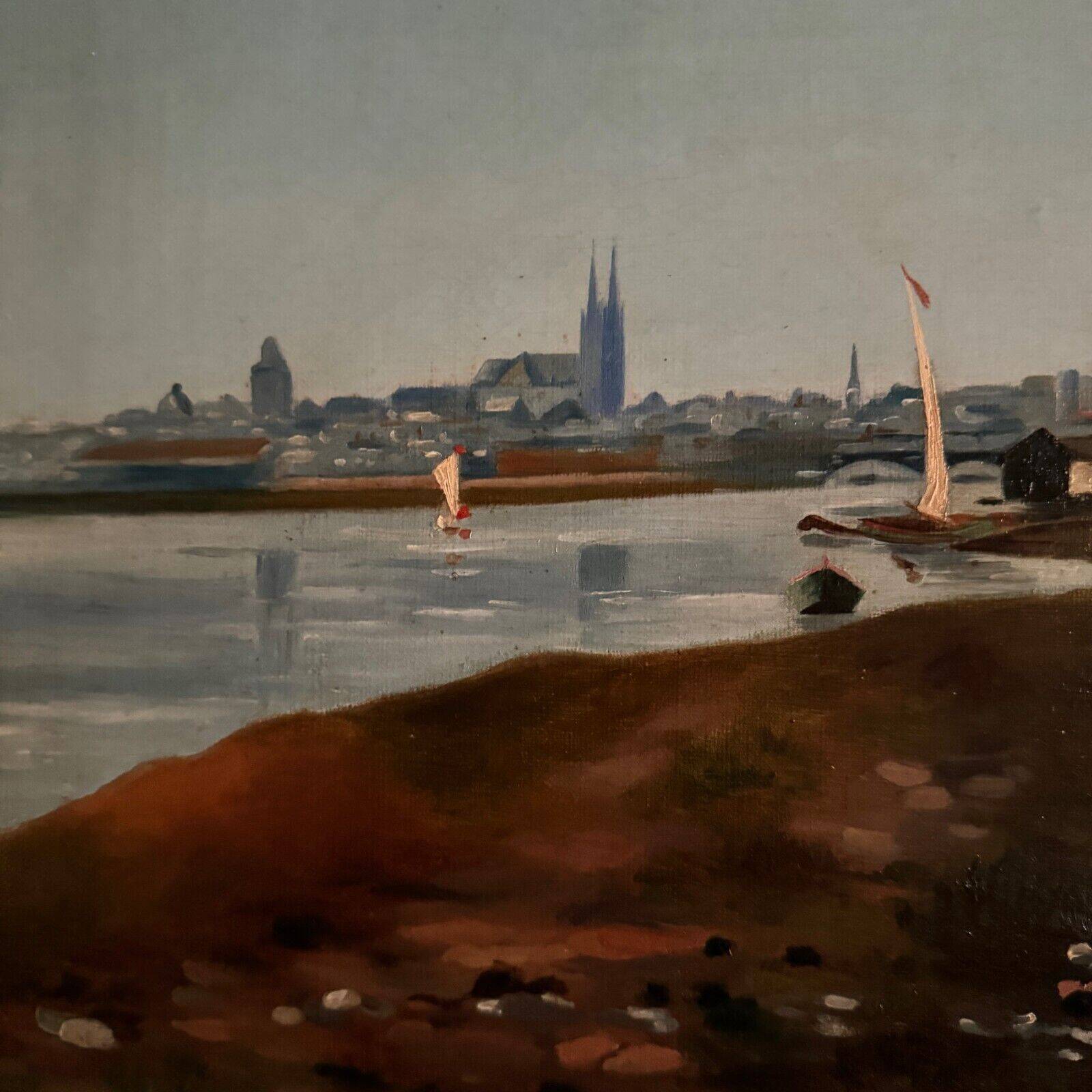 Oil on canvas riverside late 19th century monogram AT