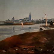 Oil on canvas riverside late 19th century monogram AT