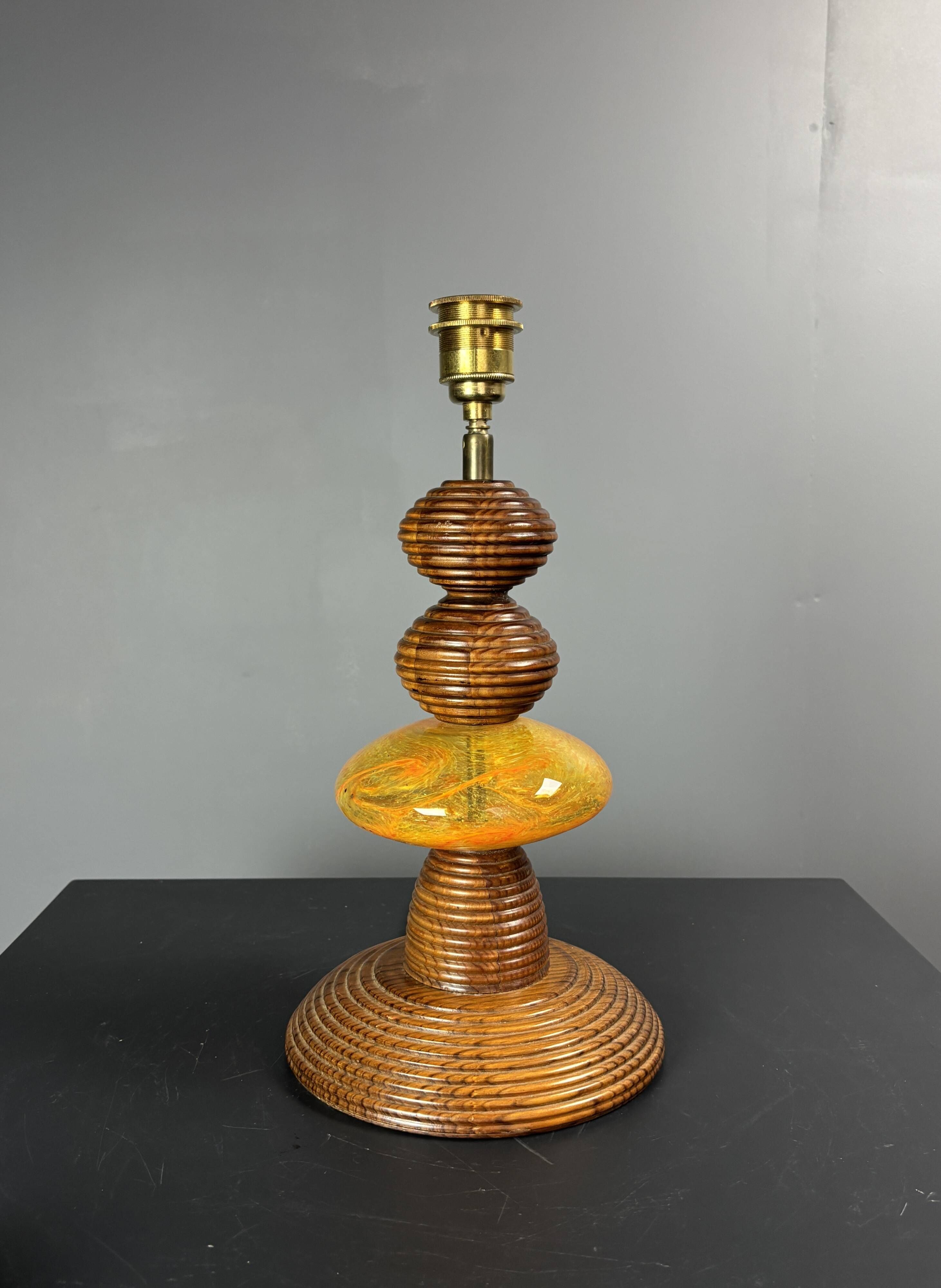 Midcentury wood turned adjustable table lamp with glass sphere, 1970s