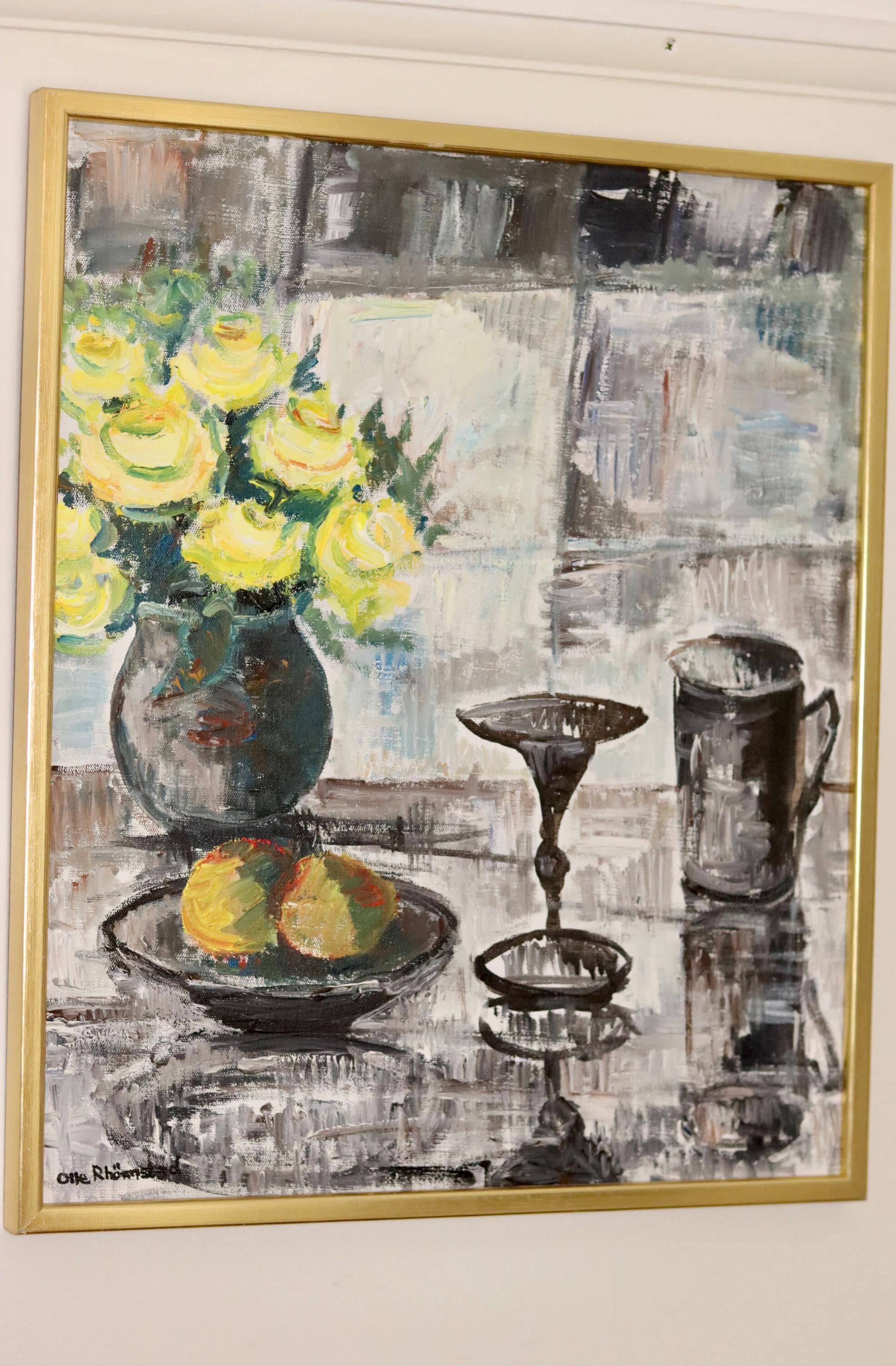 Still life with yellow roses and fruits by Olle Rhönnstrand, oil on Swedish canvas from the mid-century.