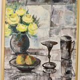 Still life with yellow roses and fruits by Olle Rhönnstrand, oil on Swedish canvas from the mid-century.