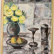 Swedish Mid-Century Oil On Canvas " Still Life with Yellow Roses and Fruit " by Olle Rhönnstrand