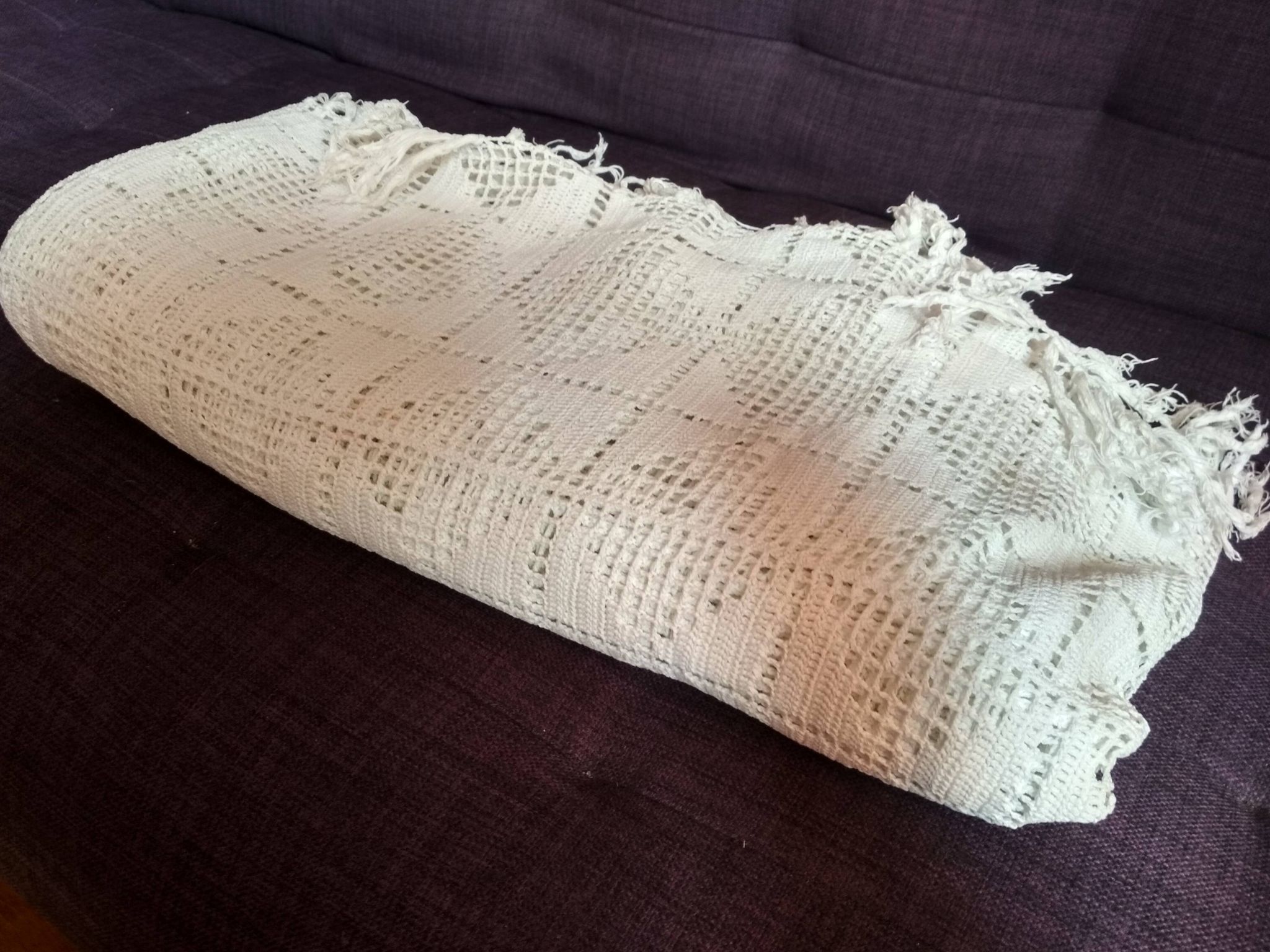 Dessus de lit en coton blanc , Ancien jeté de lit en crochet , couvre lit coton blanc