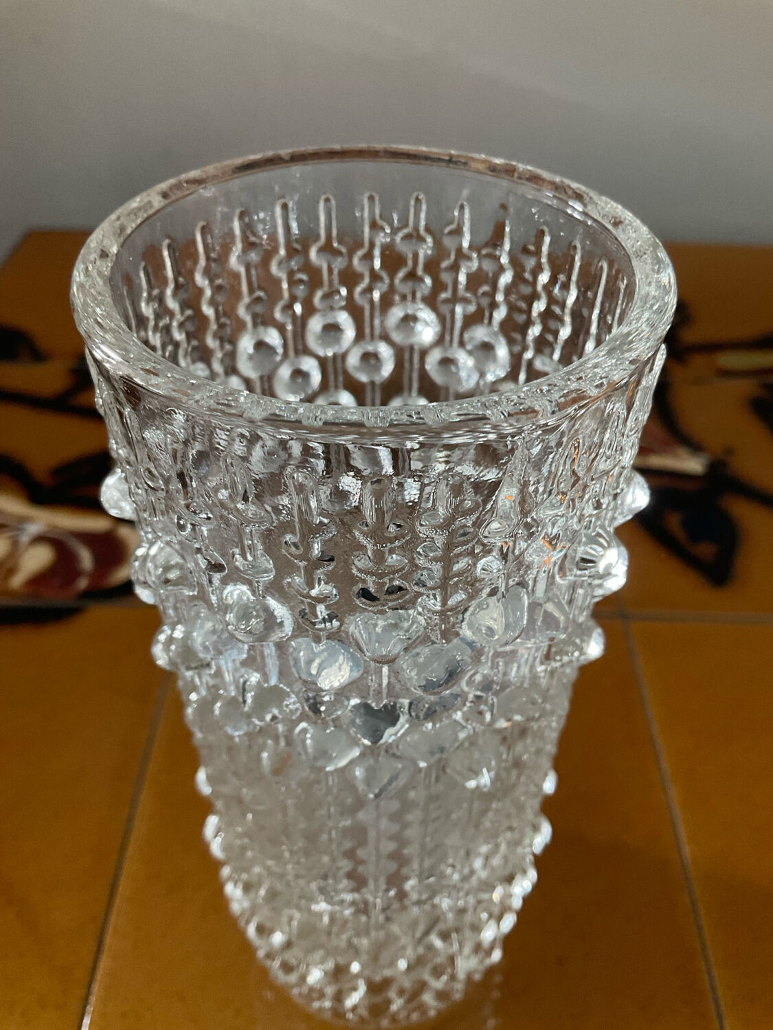 Vintage cylindrical vase with raised dots in molded glass