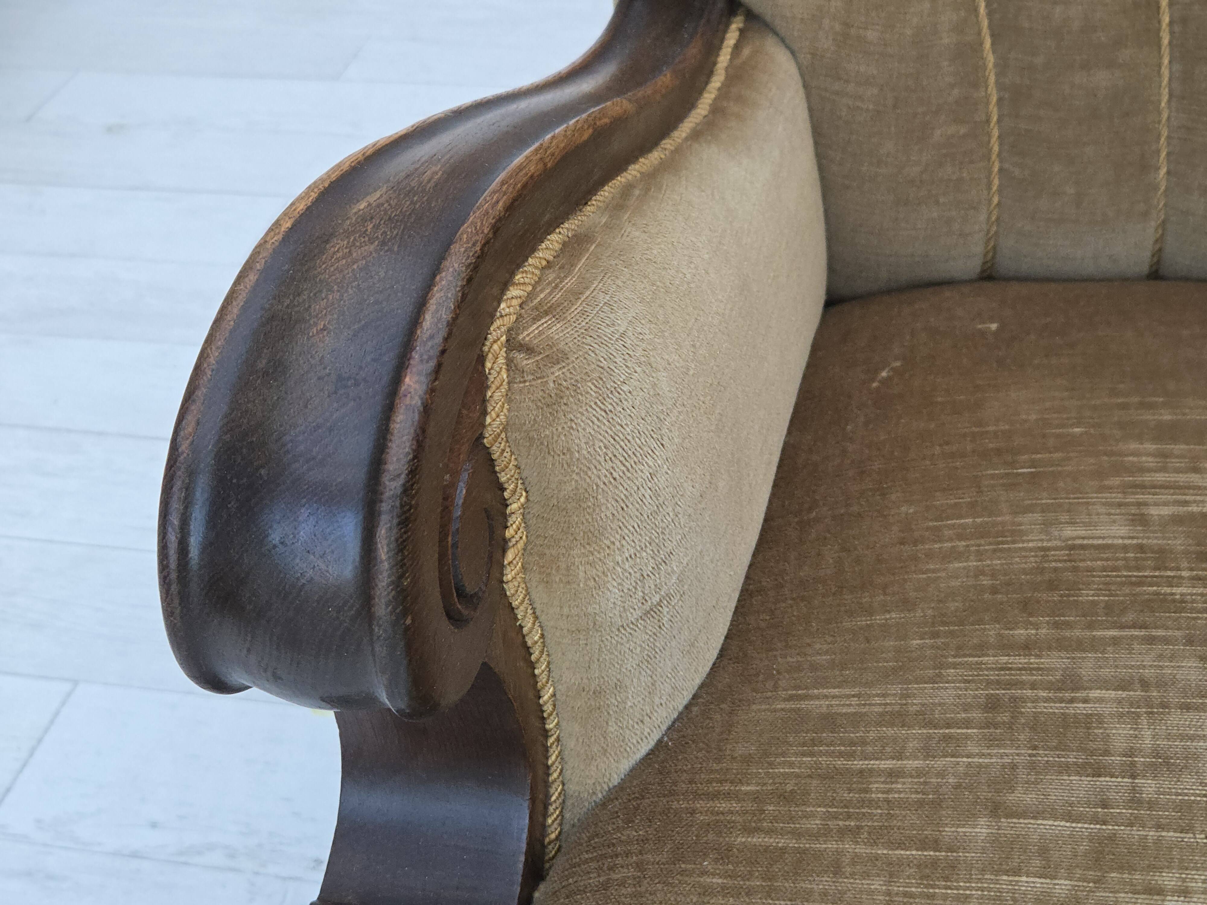 1960s, Danish relax chair, original green furniture velour, oak wood.