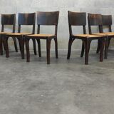 Suite of 6 chairs brutalist style straw and solid oak