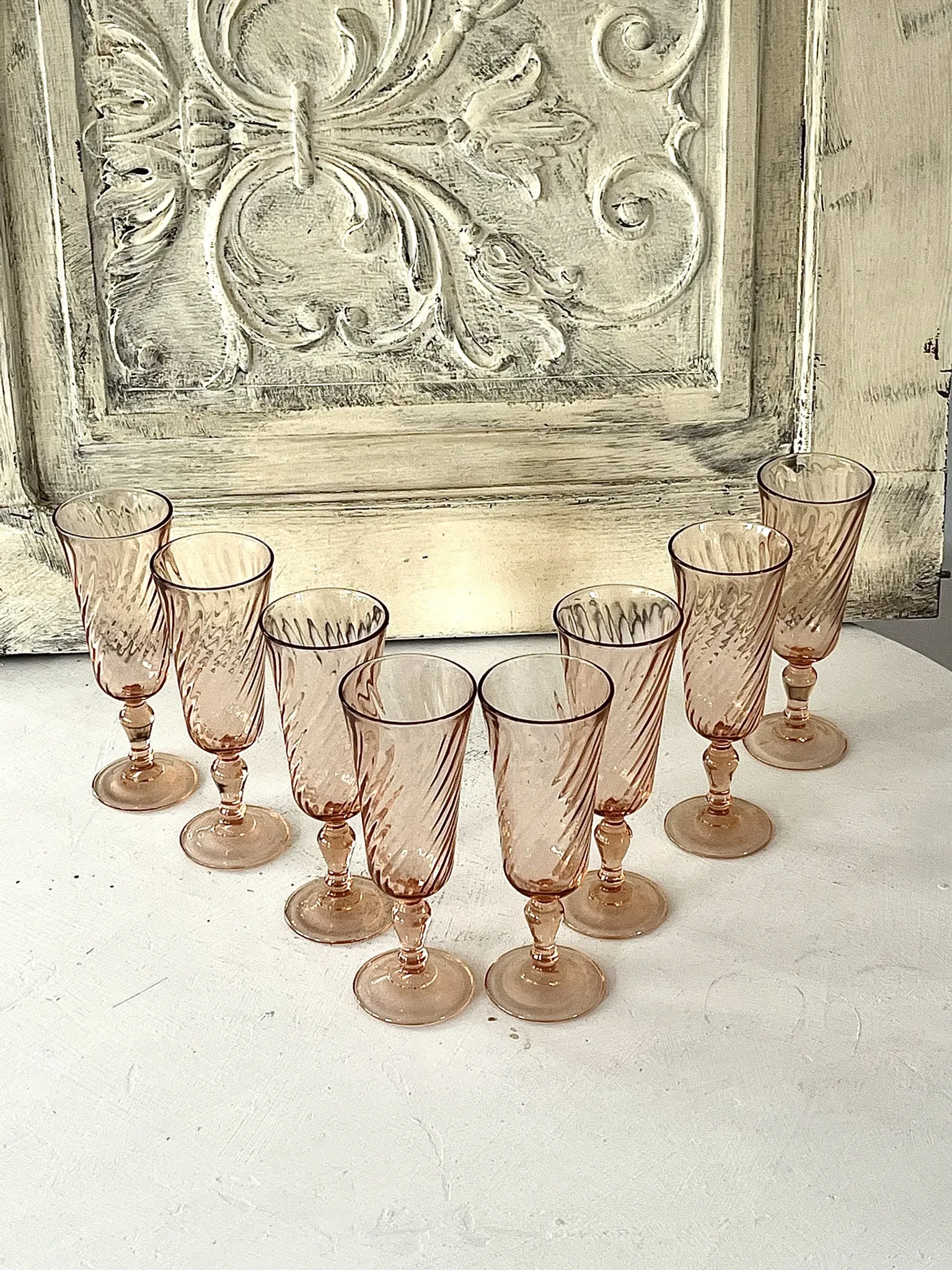 Champagne flutes pink set of 8, French swirl glass stemware rosaline