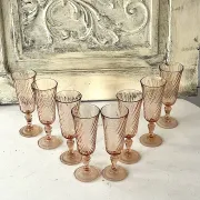 Champagne flutes pink set of 8, French swirl glass stemware rosaline