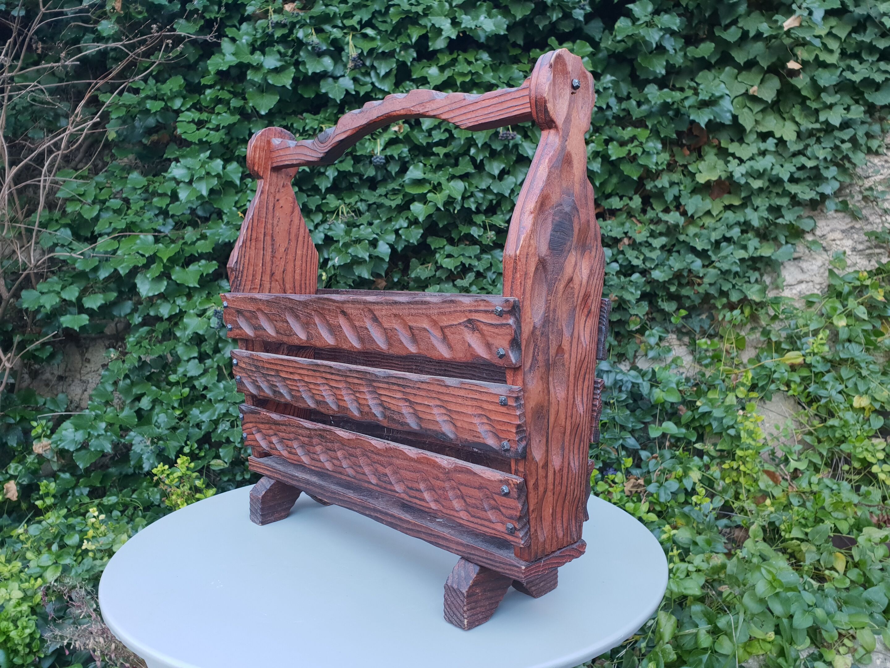 Brutalist pine magazine holder 1970