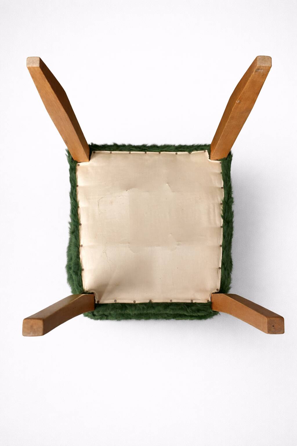 Pair of vintage wooden chairs with green fur effect upholstery – Year