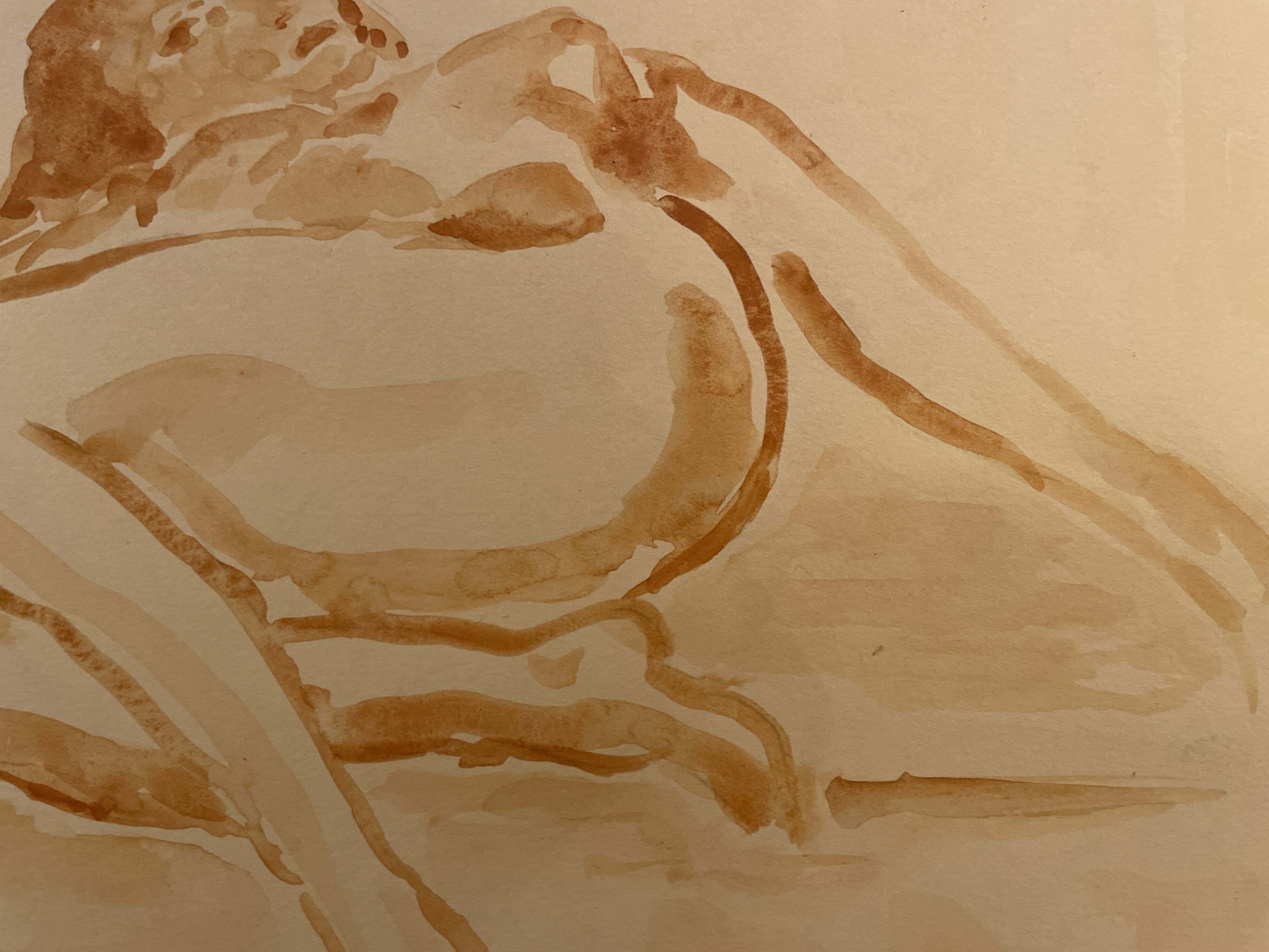 Signed painting monochrome watercolor female portrait "reclining study"