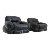 Fauteuils vintage Okay par Adriano Piazzesi en cuir noir des années 1970, ensemble de 2