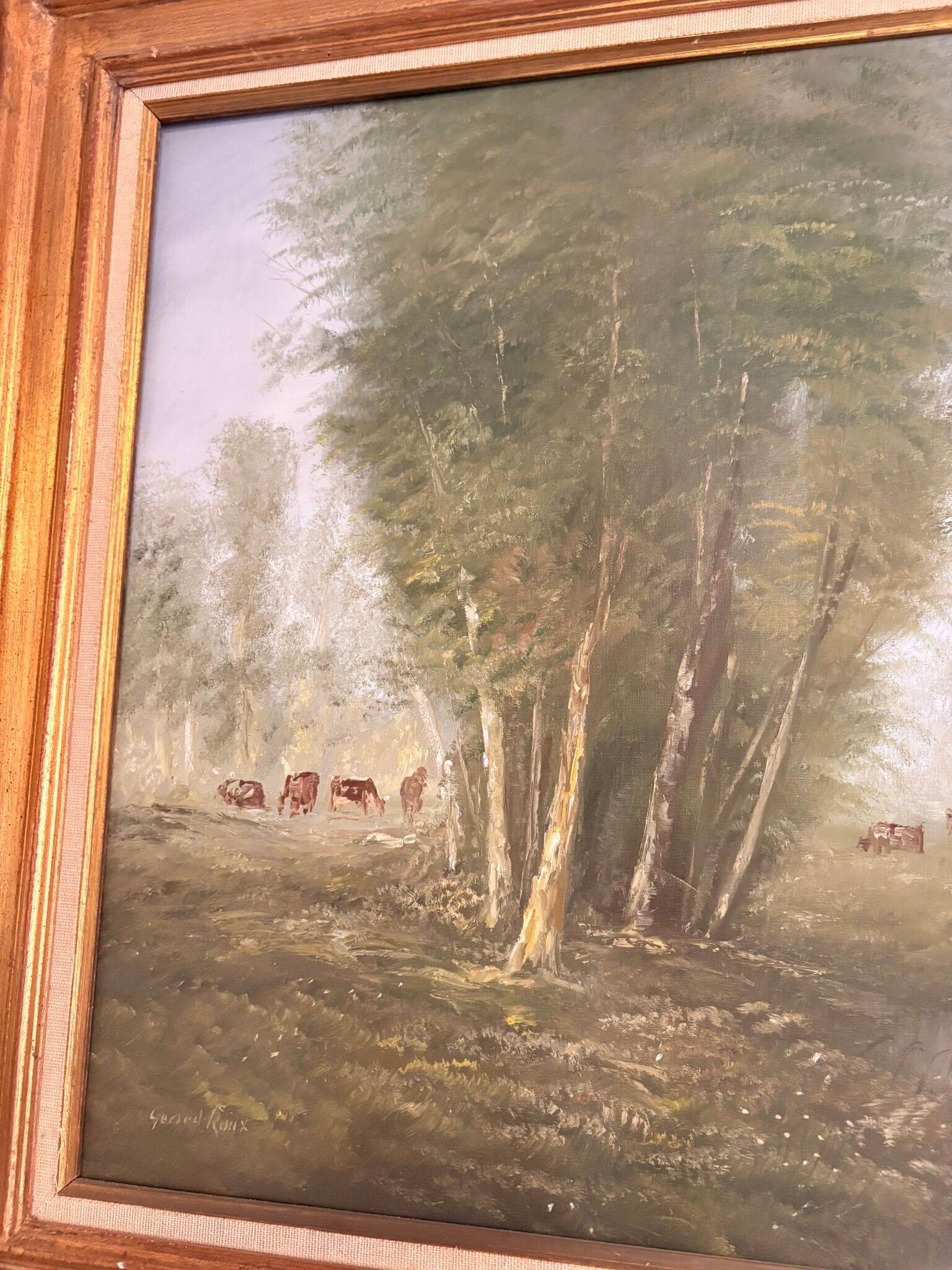 Old Oil Painting Canvas Pastoral Landscape Cow Gérard Roux
