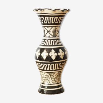 Vase marocain vintage en céramique, vase éthnique noir et blanc