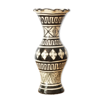 Vase marocain vintage en céramique, vase éthnique noir et blanc