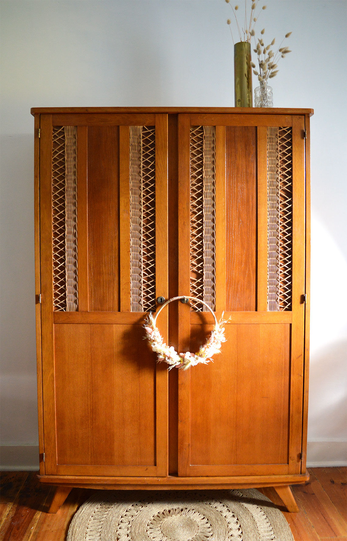 Wood and rattan wardrobe