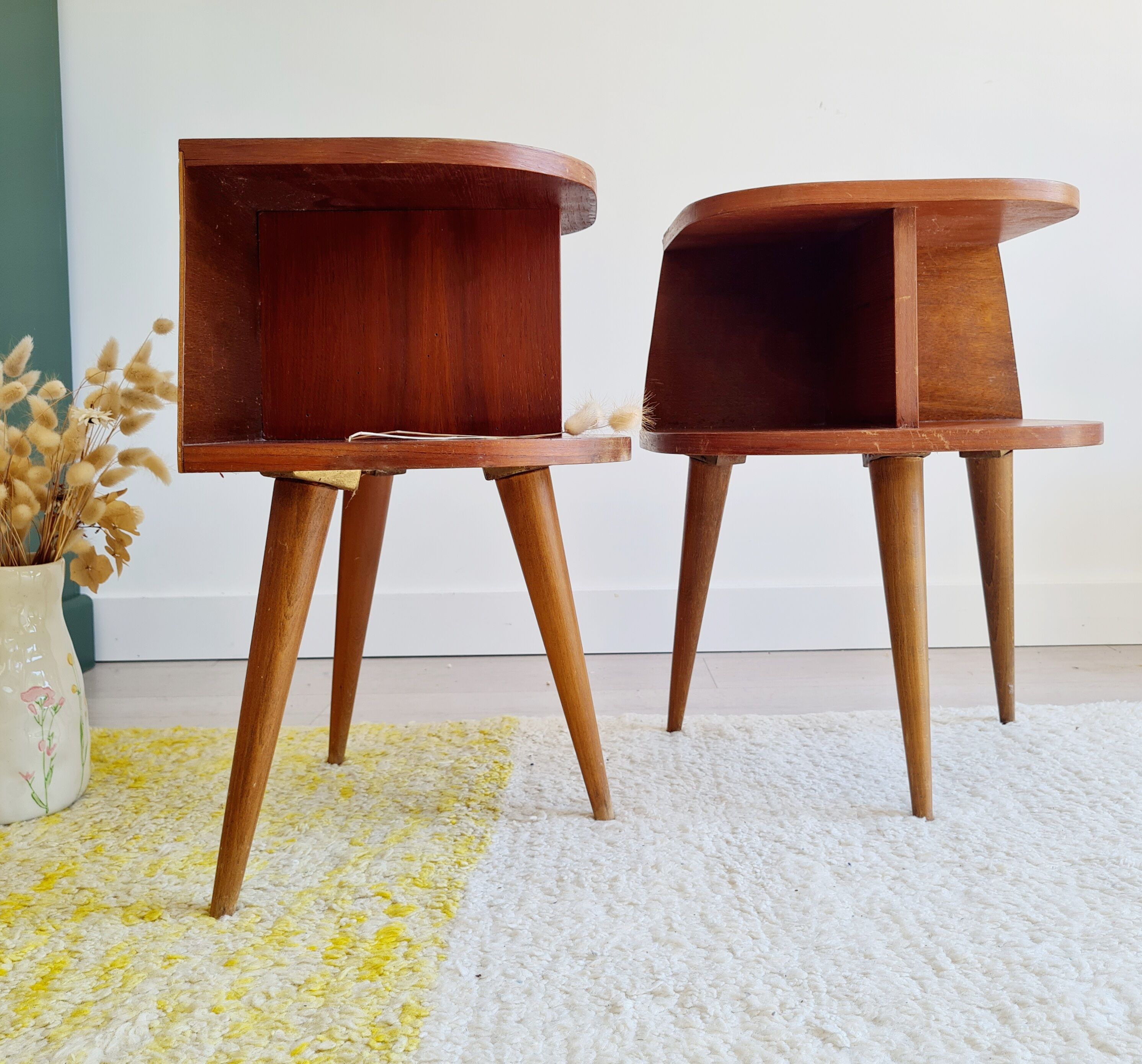 Pair of tripod bedside tables with compass feet
