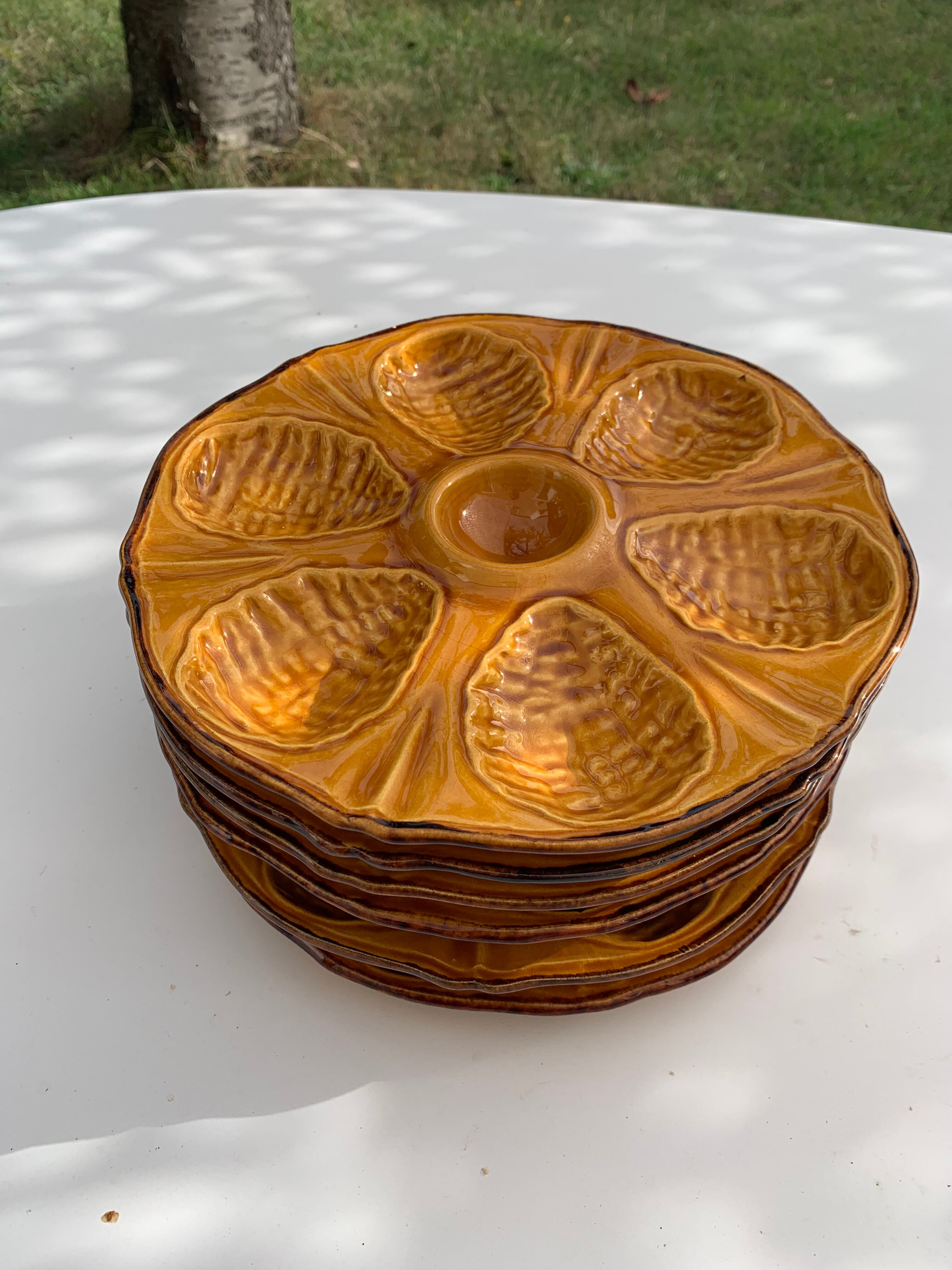 6 oyster plates ceramic glazed vintage